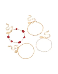 Gold Dainty Pearl & Red Beaded Chain Bracelets 4-Pack