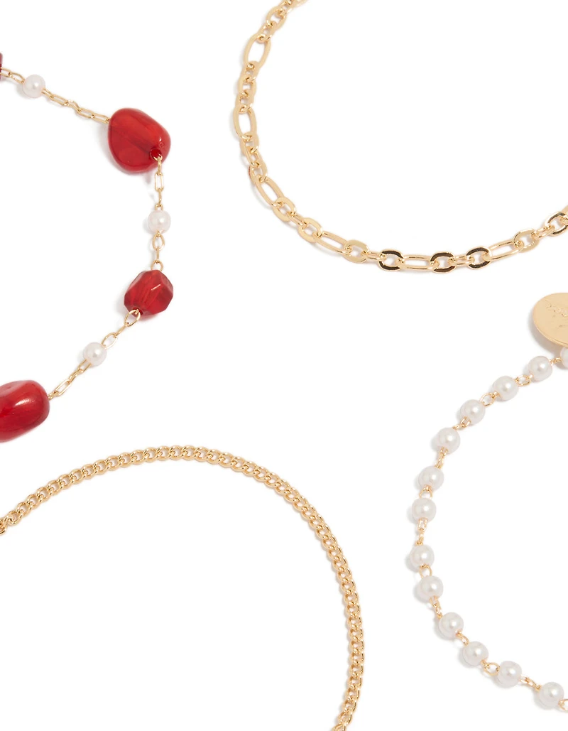 Gold Dainty Pearl & Red Beaded Chain Bracelets 4-Pack