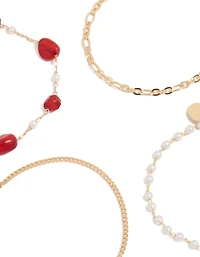 Gold Dainty Pearl & Red Beaded Chain Bracelets 4-Pack