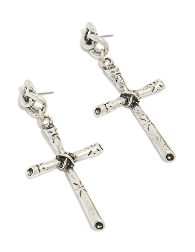 Antique Silver Edgy Textured Cross Drop Earrings