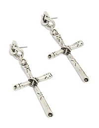 Antique Silver Edgy Textured Cross Drop Earrings