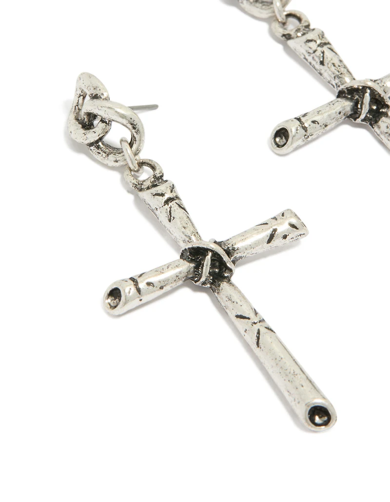 Antique Silver Edgy Textured Cross Drop Earrings