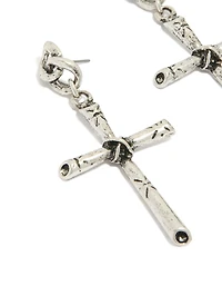 Antique Silver Edgy Textured Cross Drop Earrings