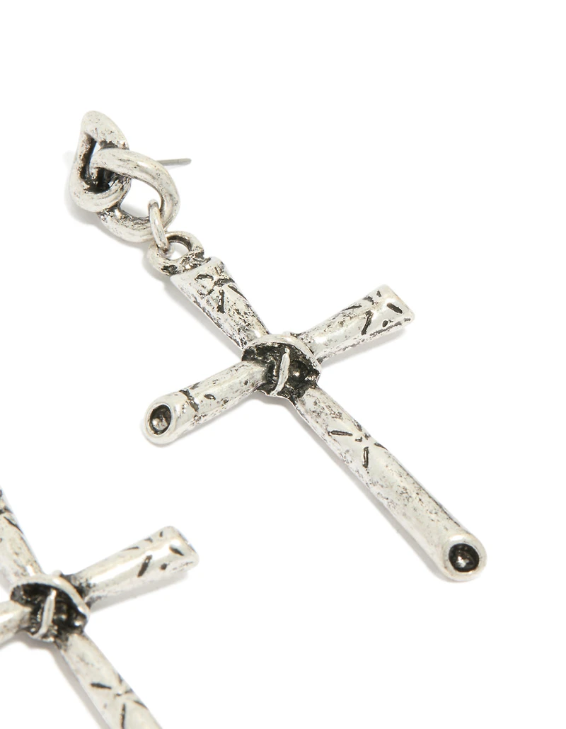 Antique Silver Edgy Textured Cross Drop Earrings