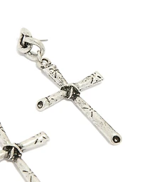 Antique Silver Edgy Textured Cross Drop Earrings