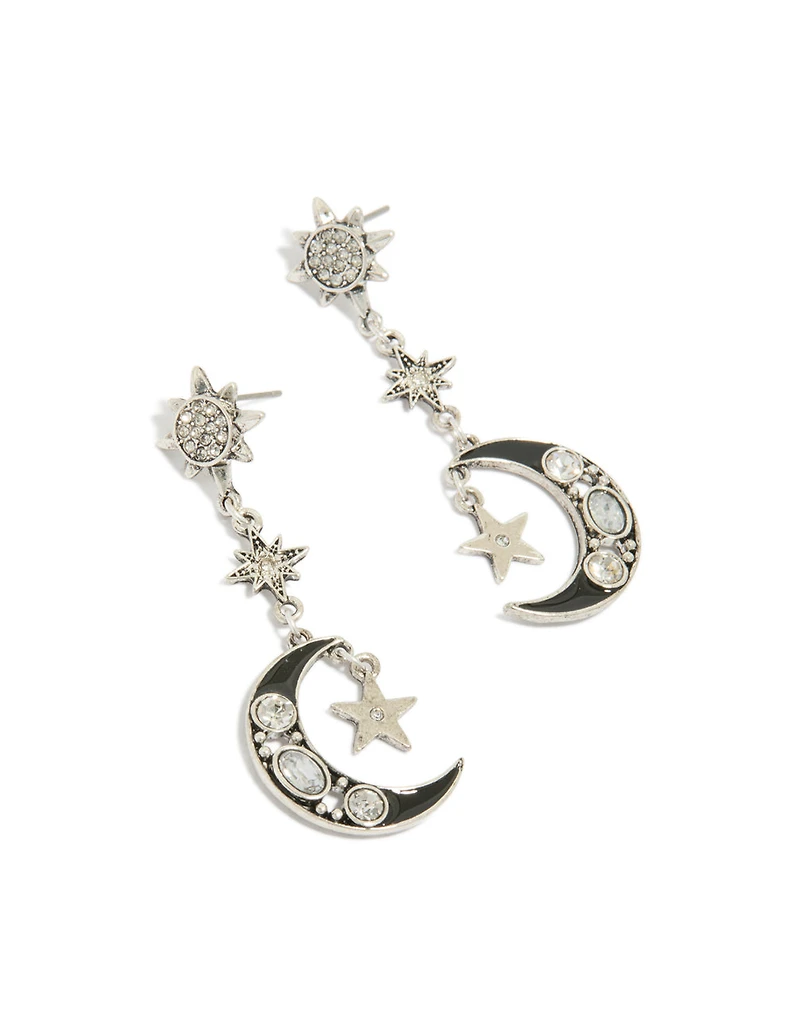 Antique Silver Edgy Star Moon Drop Earrings