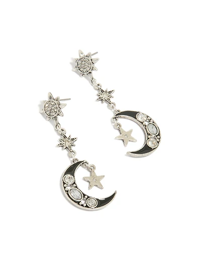 Antique Silver Edgy Star Moon Drop Earrings