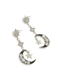 Antique Silver Edgy Star Moon Drop Earrings