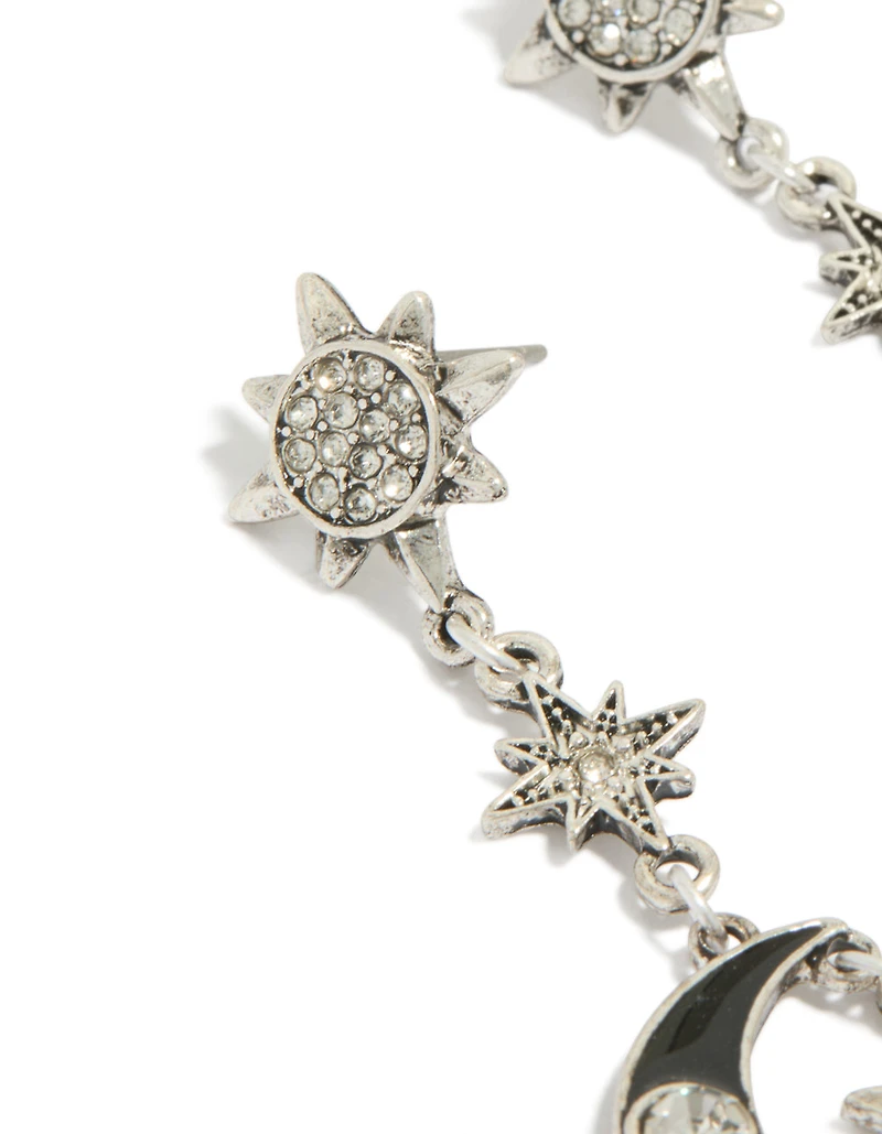 Antique Silver Edgy Star Moon Drop Earrings