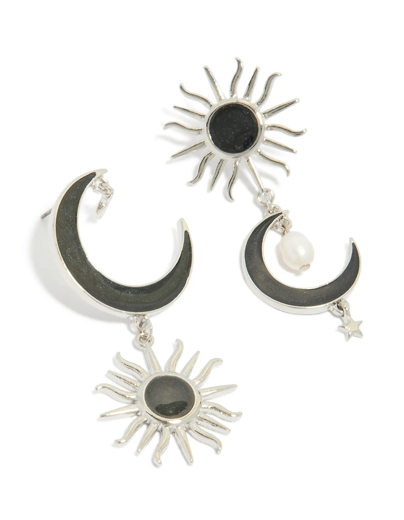 Silver Black Moon & Sun Drop Earrings