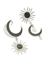 Silver Black Moon & Sun Drop Earrings