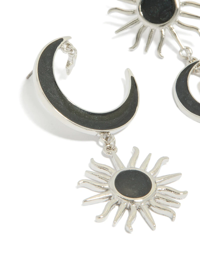 Silver Black Moon & Sun Drop Earrings
