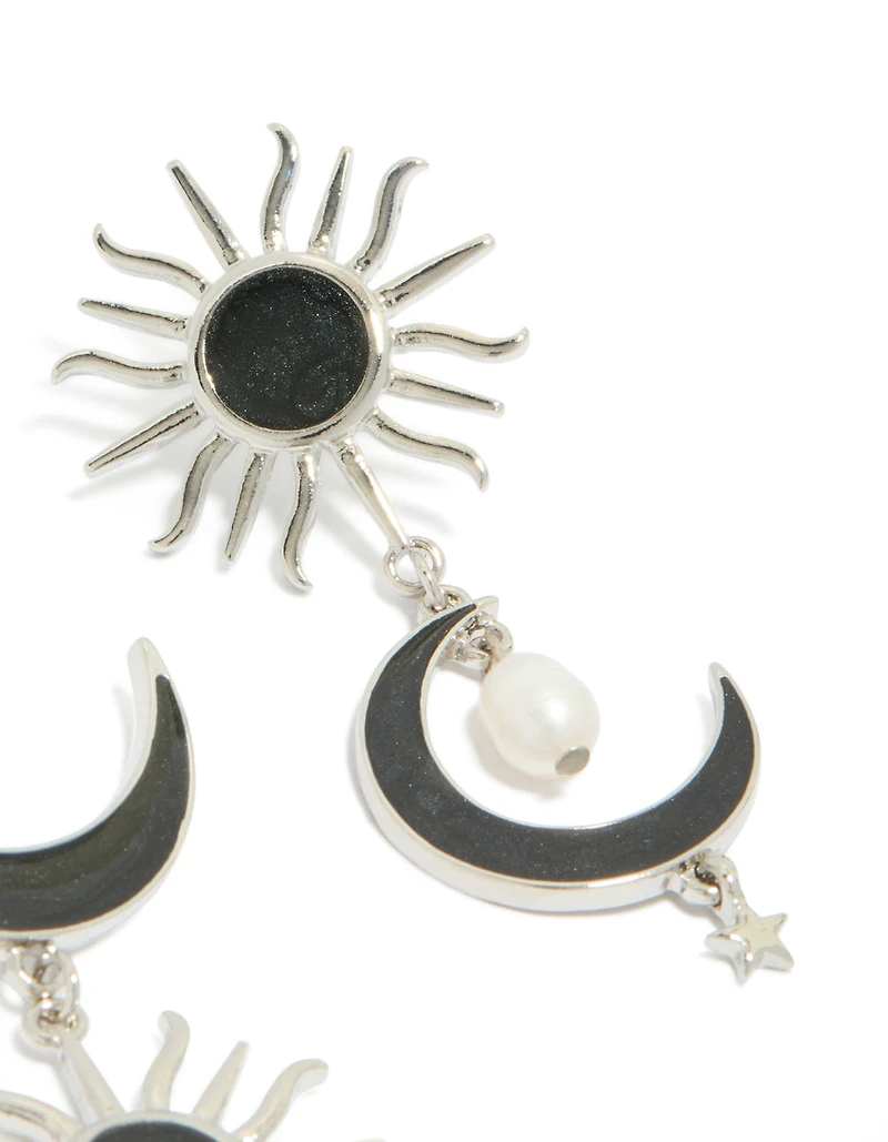 Silver Black Moon & Sun Drop Earrings