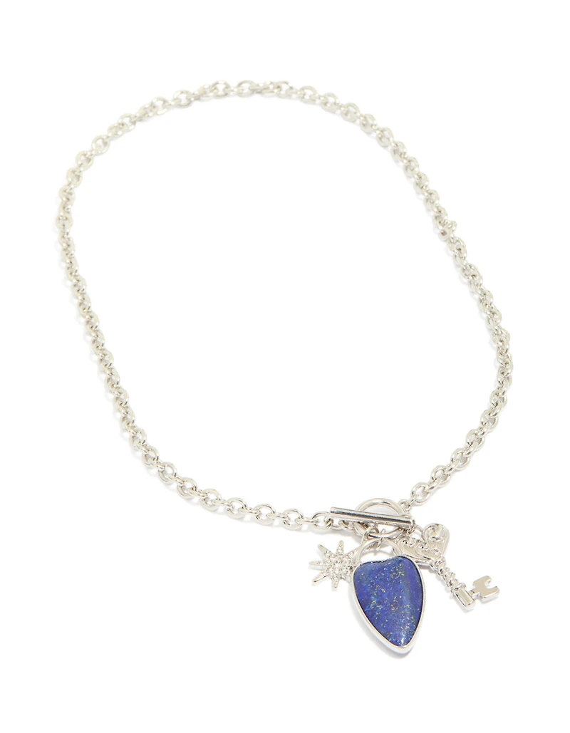 Silver Diamante & Blue Stone Heart Necklace