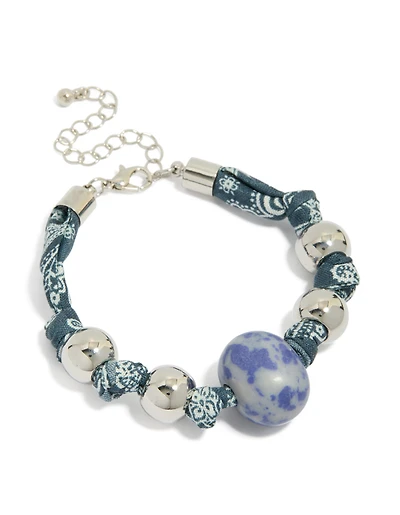 Silver Beaded Blue Paisley Printed Fabric & Blue Stone Bracelet