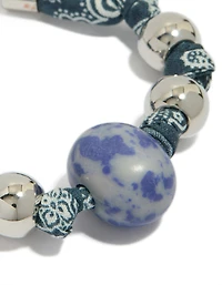 Silver Beaded Blue Paisley Printed Fabric & Blue Stone Bracelet