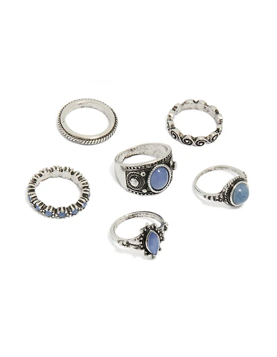 Antique Silver Blue Stone Boho Swirl Stacking Rings 6-Pack