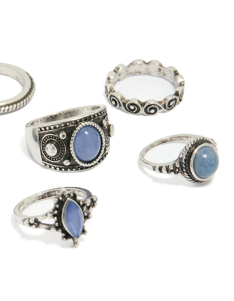 Antique Silver Blue Stone Boho Swirl Stacking Rings 6-Pack