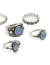 Antique Silver Blue Stone Boho Swirl Stacking Rings 6-Pack