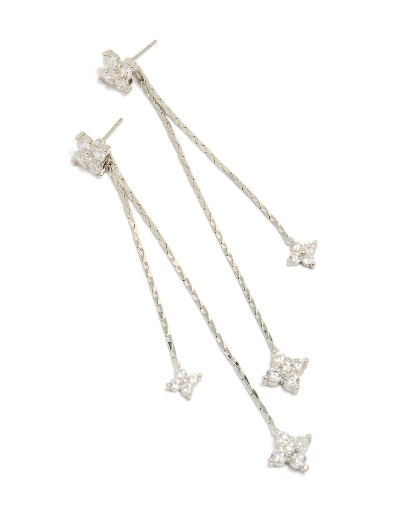 Silver Cubic Zirconia Dainty Double Chain Flower Drop Earrings