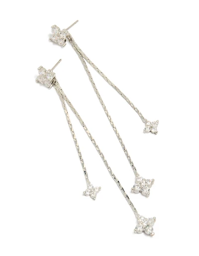 Silver Cubic Zirconia Dainty Double Chain Flower Drop Earrings