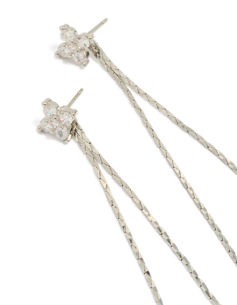 Silver Cubic Zirconia Dainty Double Chain Flower Drop Earrings