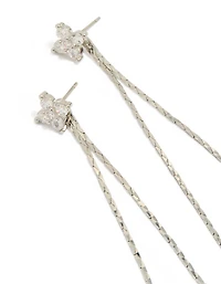 Silver Cubic Zirconia Dainty Double Chain Flower Drop Earrings