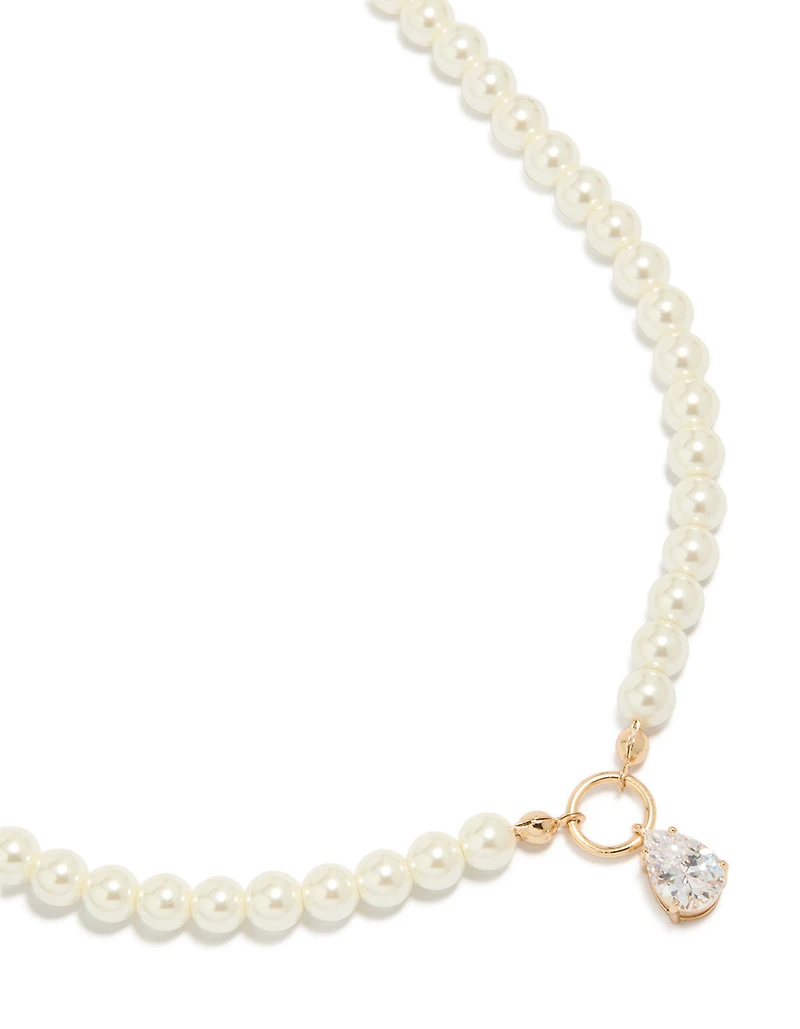 Gold Cubic Zirconia Dainty Pearl Pendant Necklace