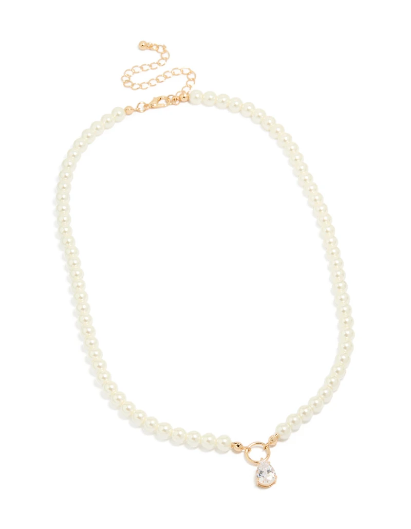 Gold Cubic Zirconia Dainty Pearl Pendant Necklace