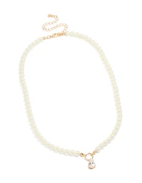 Gold Cubic Zirconia Dainty Pearl Pendant Necklace