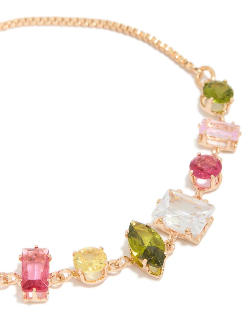 Gold Pink & Green Mismatched Cubic Zirconias Toggle Bracelet