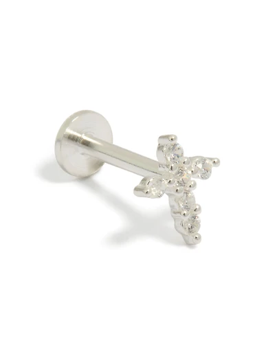 Sterling Silver Cubic Zirconia Cross Single  Flat Back Stud