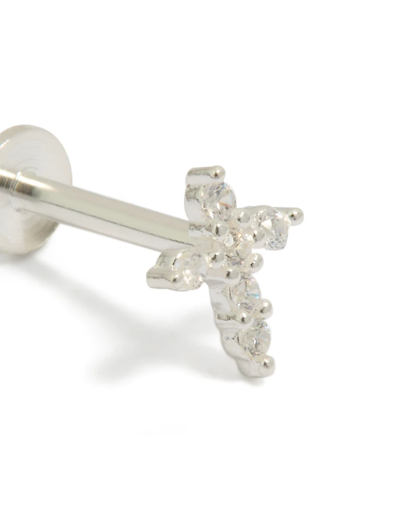 Sterling Silver Cubic Zirconia Cross Single  Flat Back Stud
