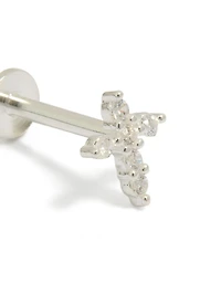 Sterling Silver Cubic Zirconia Cross Single  Flat Back Stud