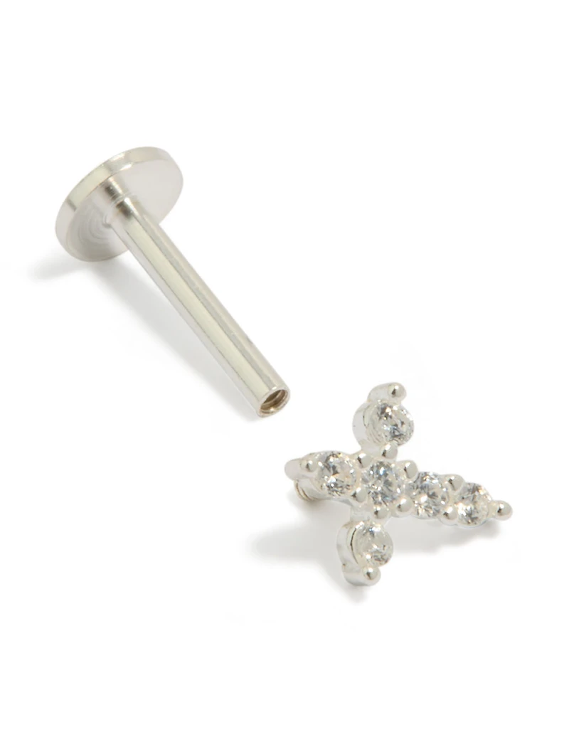 Sterling Silver Cubic Zirconia Cross Single  Flat Back Stud