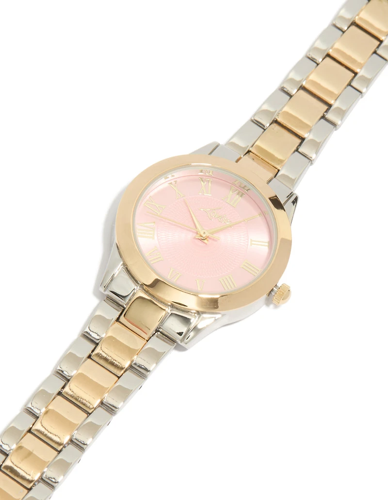 Mixed Metal Pink Face Roman Numeral Watch
