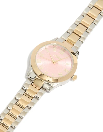Mixed Metal Pink Face Roman Numeral Watch