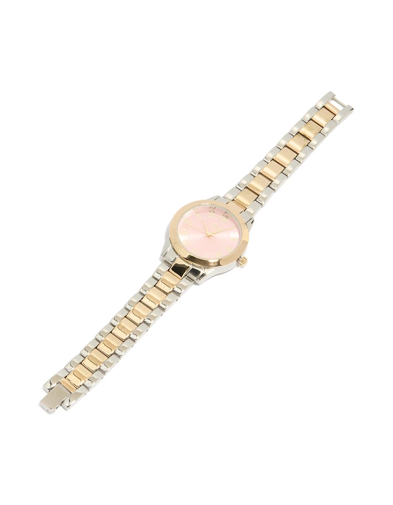 Mixed Metal Pink Face Roman Numeral Watch