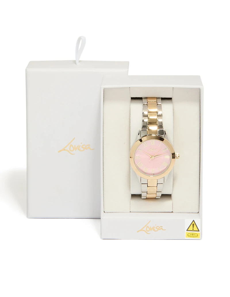 Mixed Metal Pink Face Roman Numeral Watch