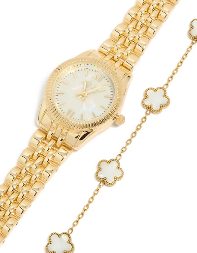 Gold Watch & Flower Bracelet Set