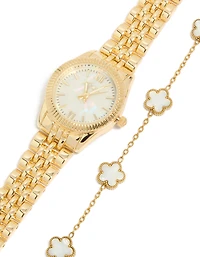 Gold Watch & Flower Bracelet Set