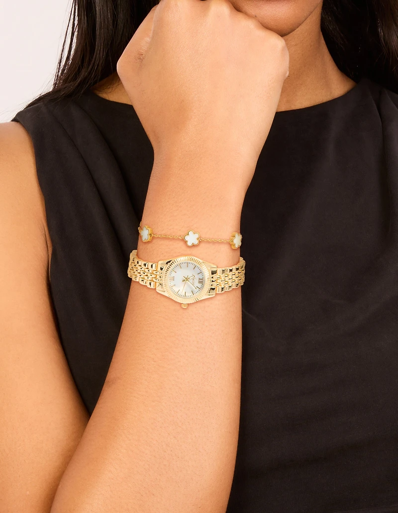 Gold Watch & Flower Bracelet Set