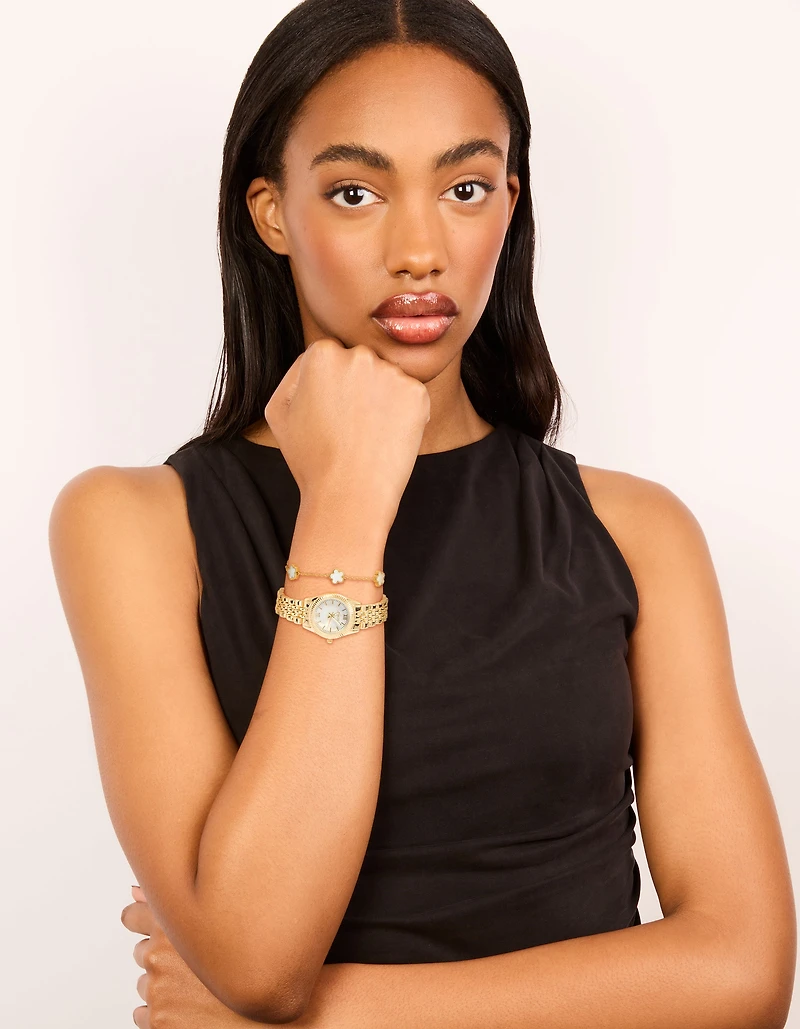 Gold Watch & Flower Bracelet Set