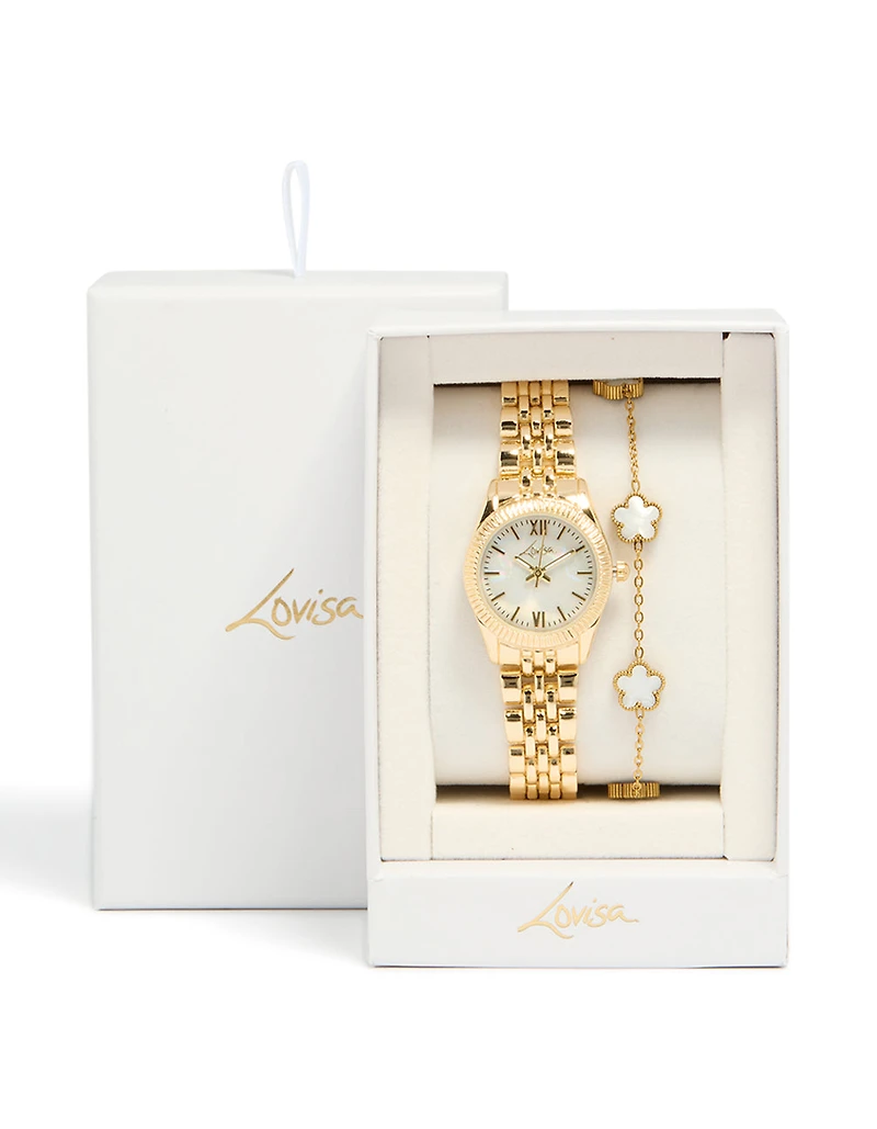 Gold Watch & Flower Bracelet Set