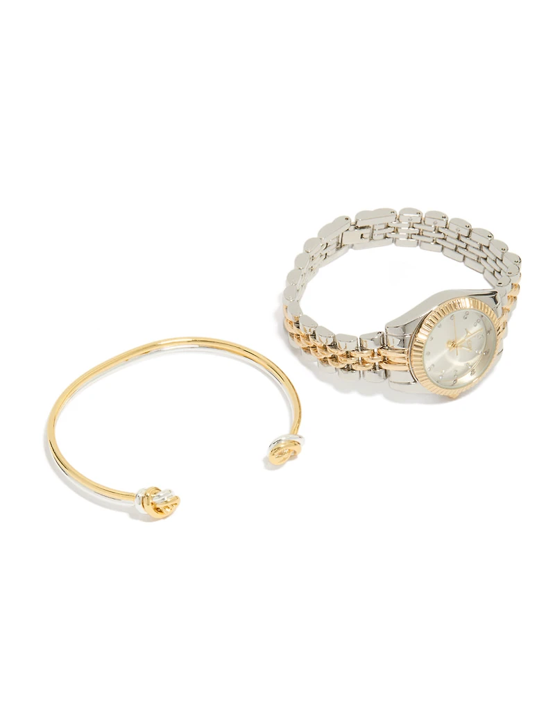 Mixed Metal Knotted Wrist Cuff & Watch Set