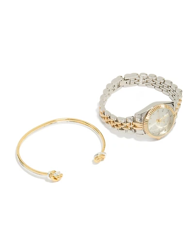Mixed Metal Knotted Wrist Cuff & Watch Set