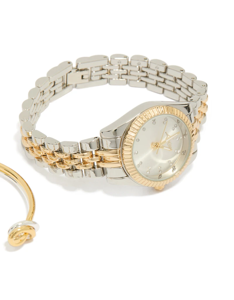 Mixed Metal Knotted Wrist Cuff & Watch Set