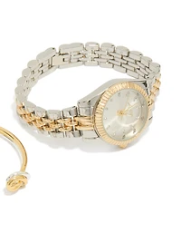 Mixed Metal Knotted Wrist Cuff & Watch Set
