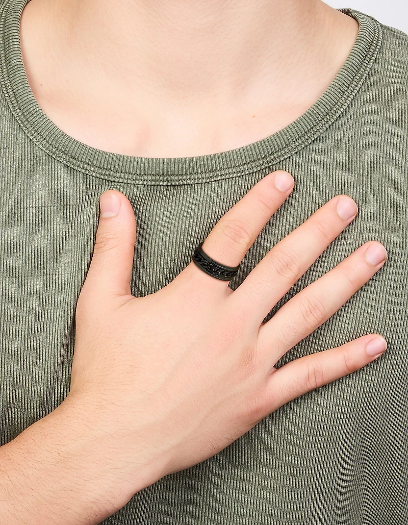Mens Waterproof Black Coated Stainless Steel Chain Detail Band Ring