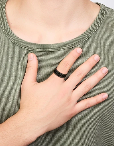 Mens Waterproof Black Coated Stainless Steel Chain Detail Band Ring